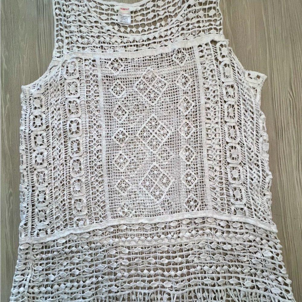 SOLD Honeylee White Crochet Lace Boho Tank Top with Fringe One Size Festi